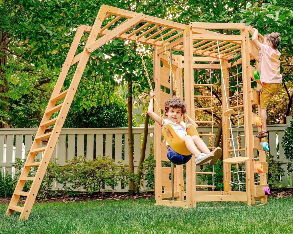 Kids’ Wooden Outdoor Climbers with Monkey Bar and swing