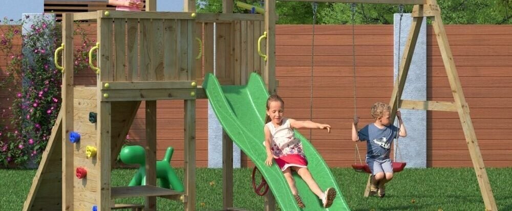 Outdoor Wooden Swing & Slide Playset