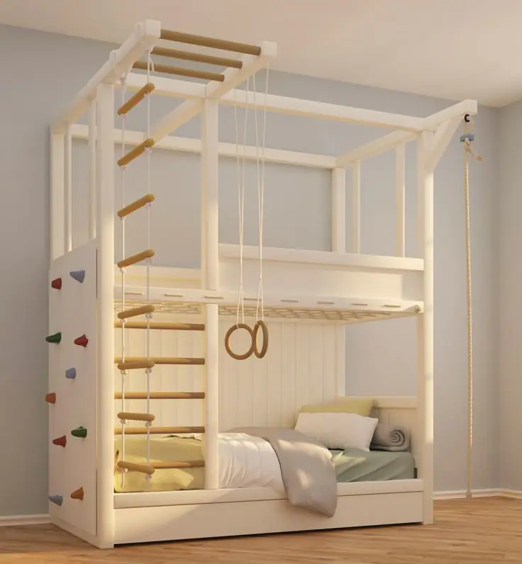 Open Frame Bunk Bed with Climbing Wall