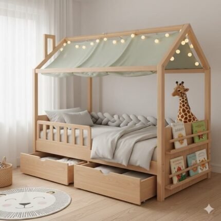 Montessori House Floor Bed with Storage Drawers & Bookshelf