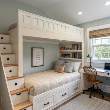 Bunk Bed with Desk Dubai — White Loft Bed with Staircase, Shelves & Storage Dubai — White Loft Bed with Staircase, Shelves & Storage