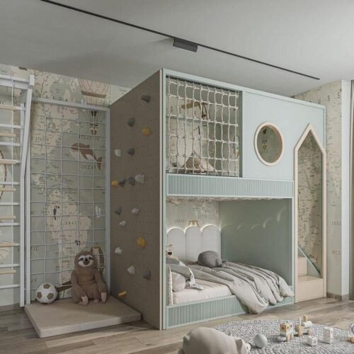 Kids loft Bunk Bed with climbing wall