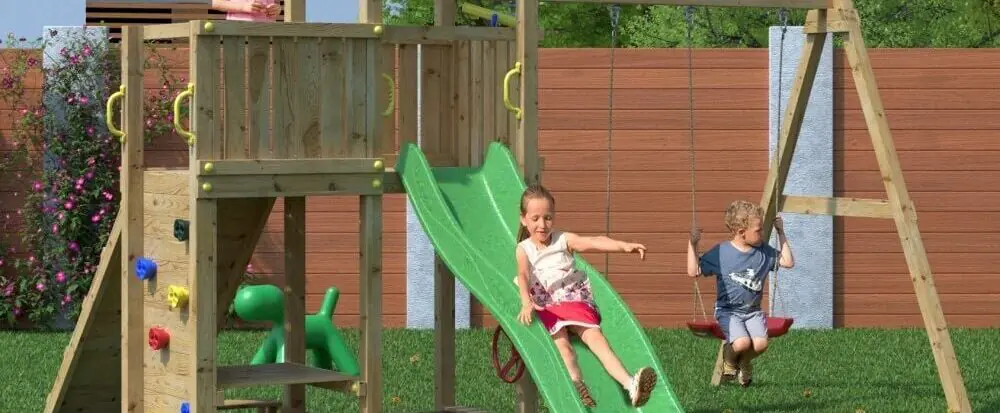 Outdoor Wooden Swing Slide Playset